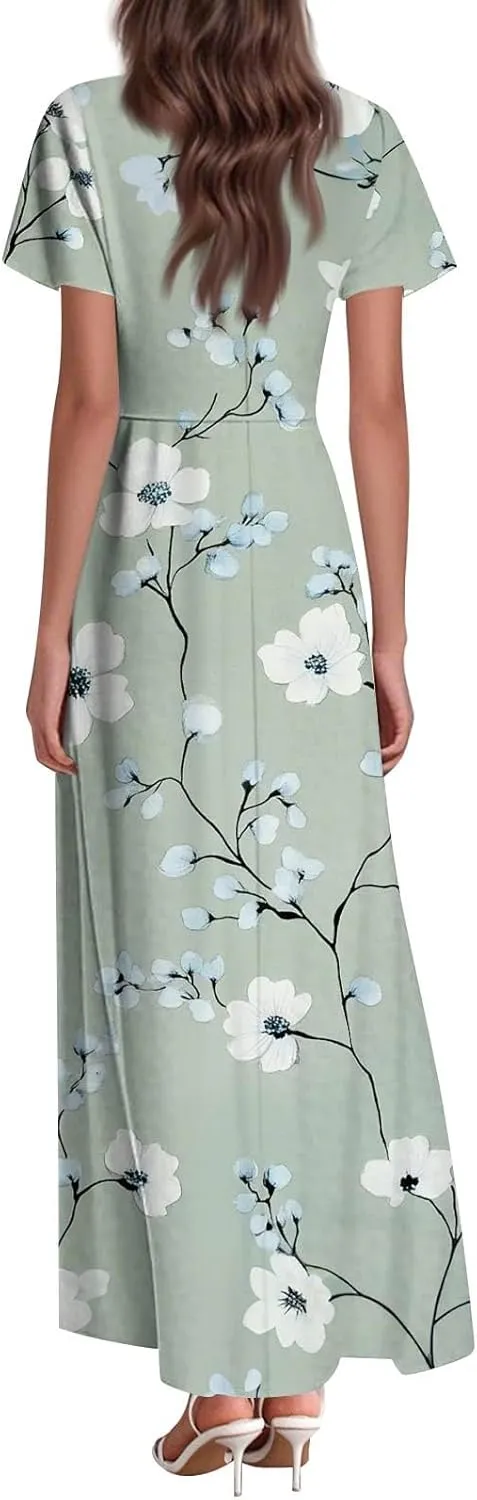 ZEFOTIM Long Dresses for Women 2025 Holiday Floral Dress Short Sleeve V Neck Dresses
