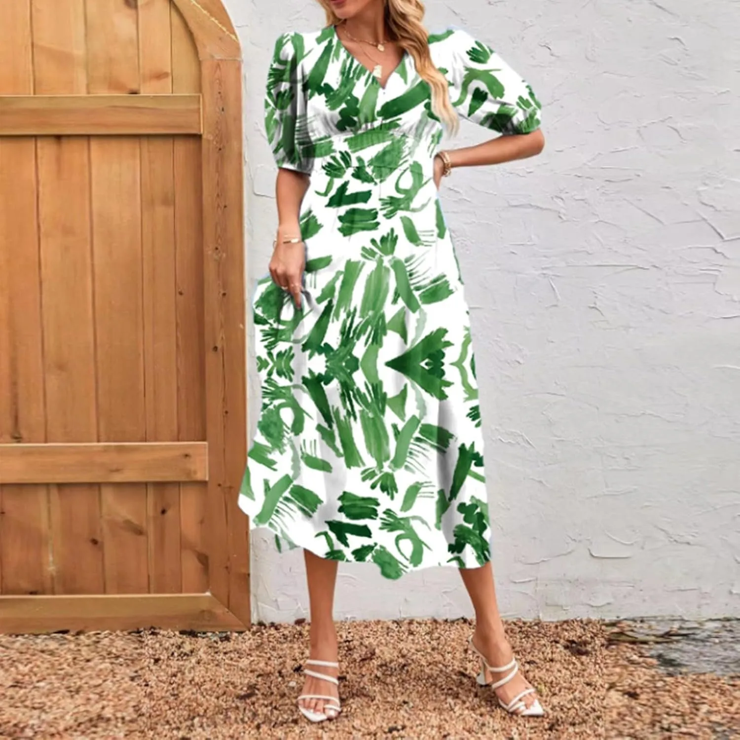 ZEFOTIM Long Dresses for Women 2025 Sexy Floral Dress Short Sleeve V Neck Dresses