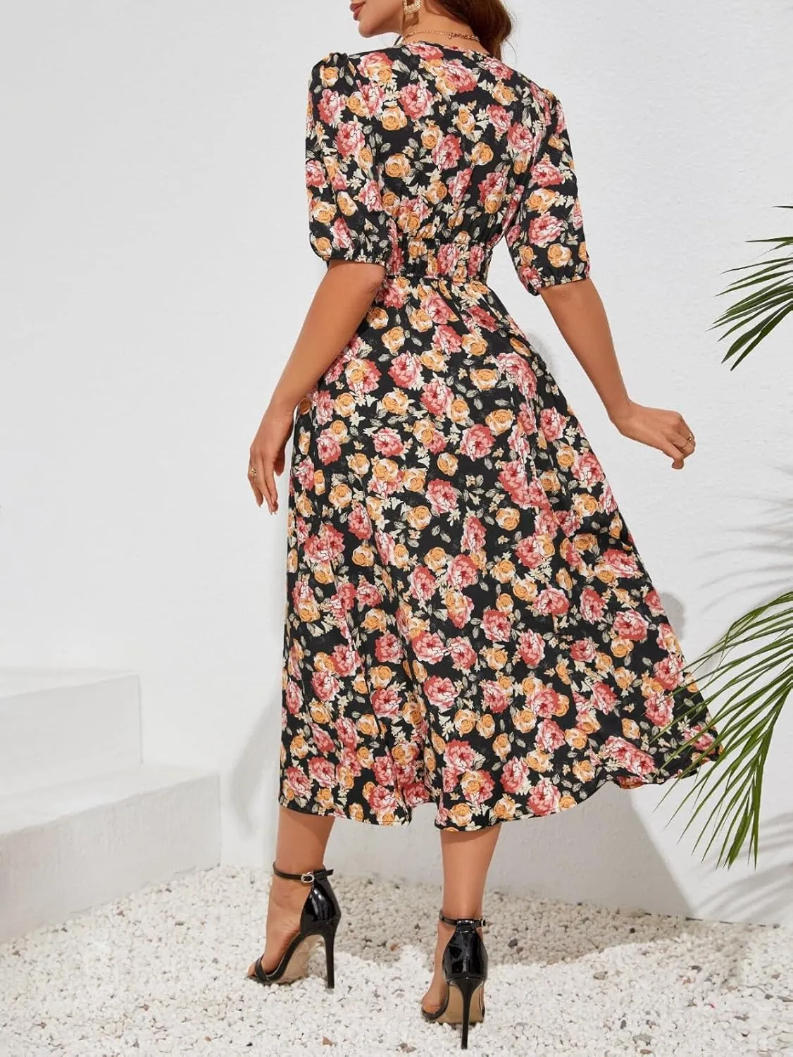 ZEFOTIM Long Dresses for Women 2025 Sexy Floral Dress Short Sleeve V Neck Dresses