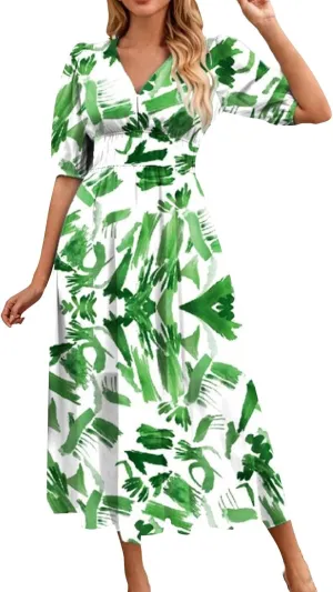 ZEFOTIM Long Dresses for Women 2025 Sexy Floral Dress Short Sleeve V Neck Dresses