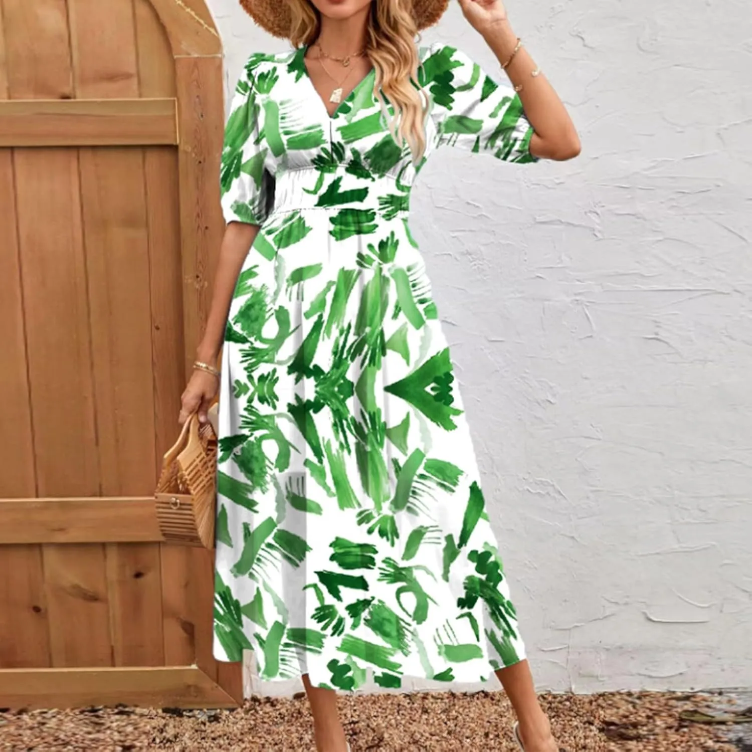 ZEFOTIM Long Dresses for Women 2025 Sexy Floral Dress Short Sleeve V Neck Dresses