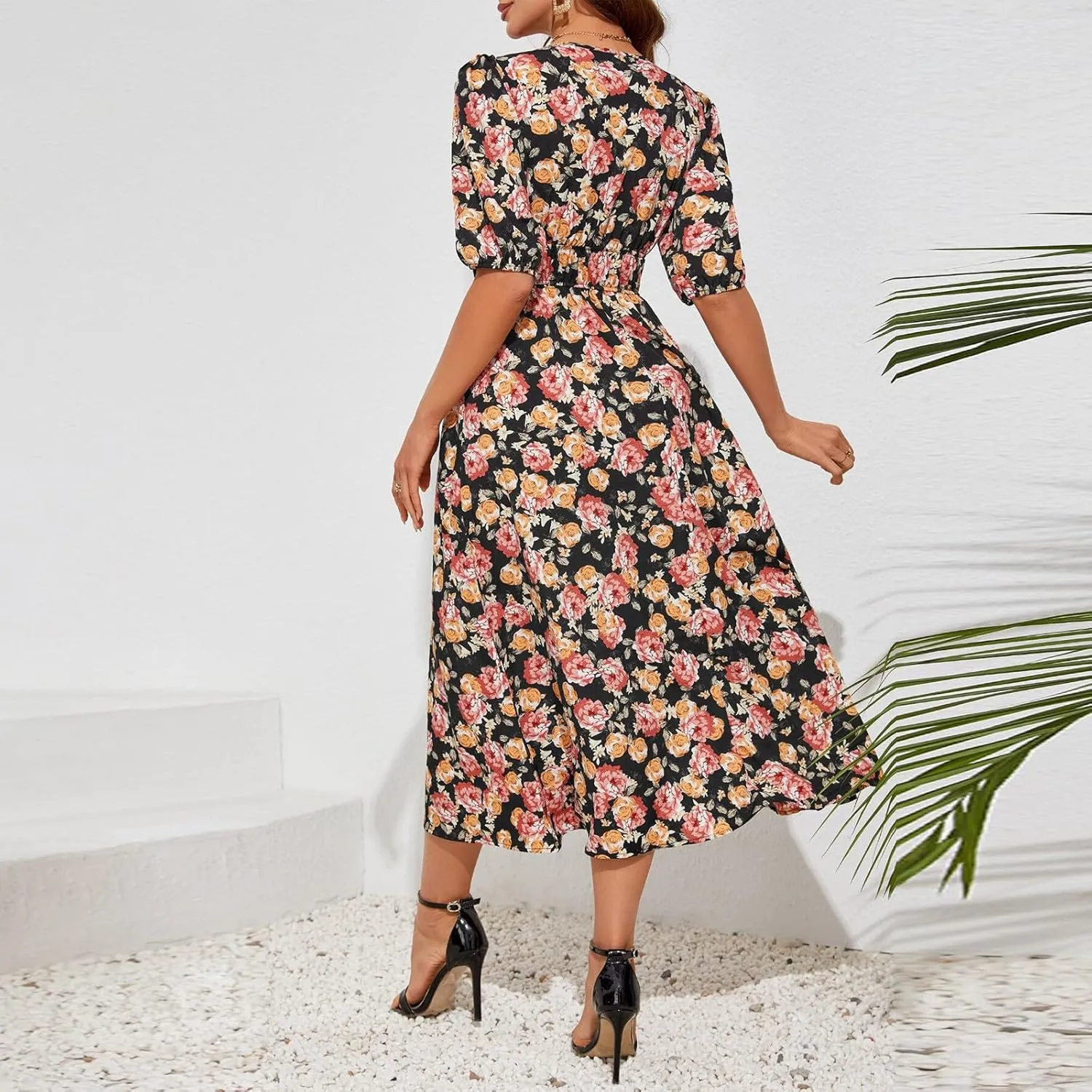 ZEFOTIM Long Dresses for Women 2025 Sexy Floral Dress Short Sleeve V Neck Dresses