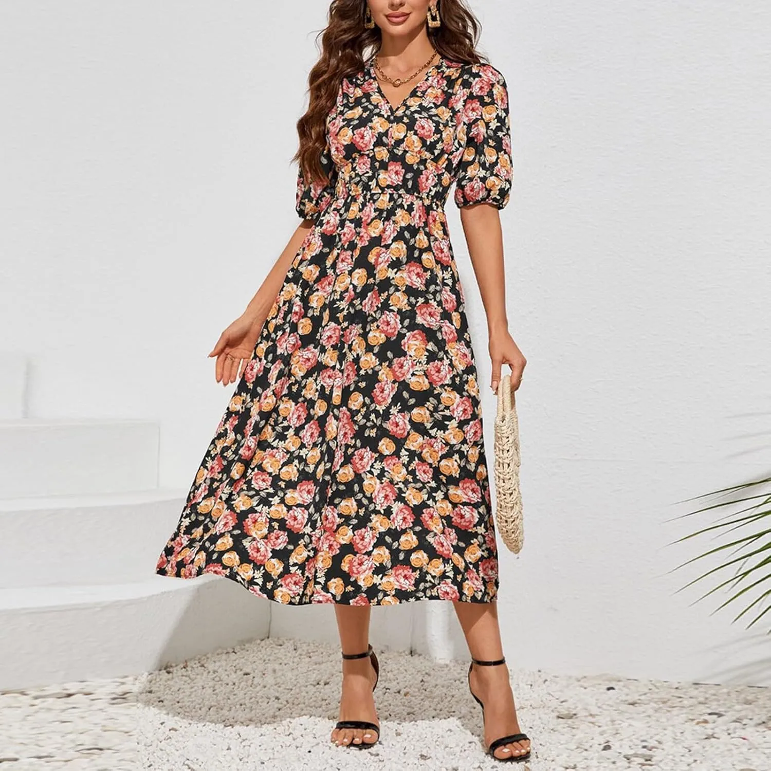 ZEFOTIM Long Dresses for Women 2025 Sexy Floral Dress Short Sleeve V Neck Dresses