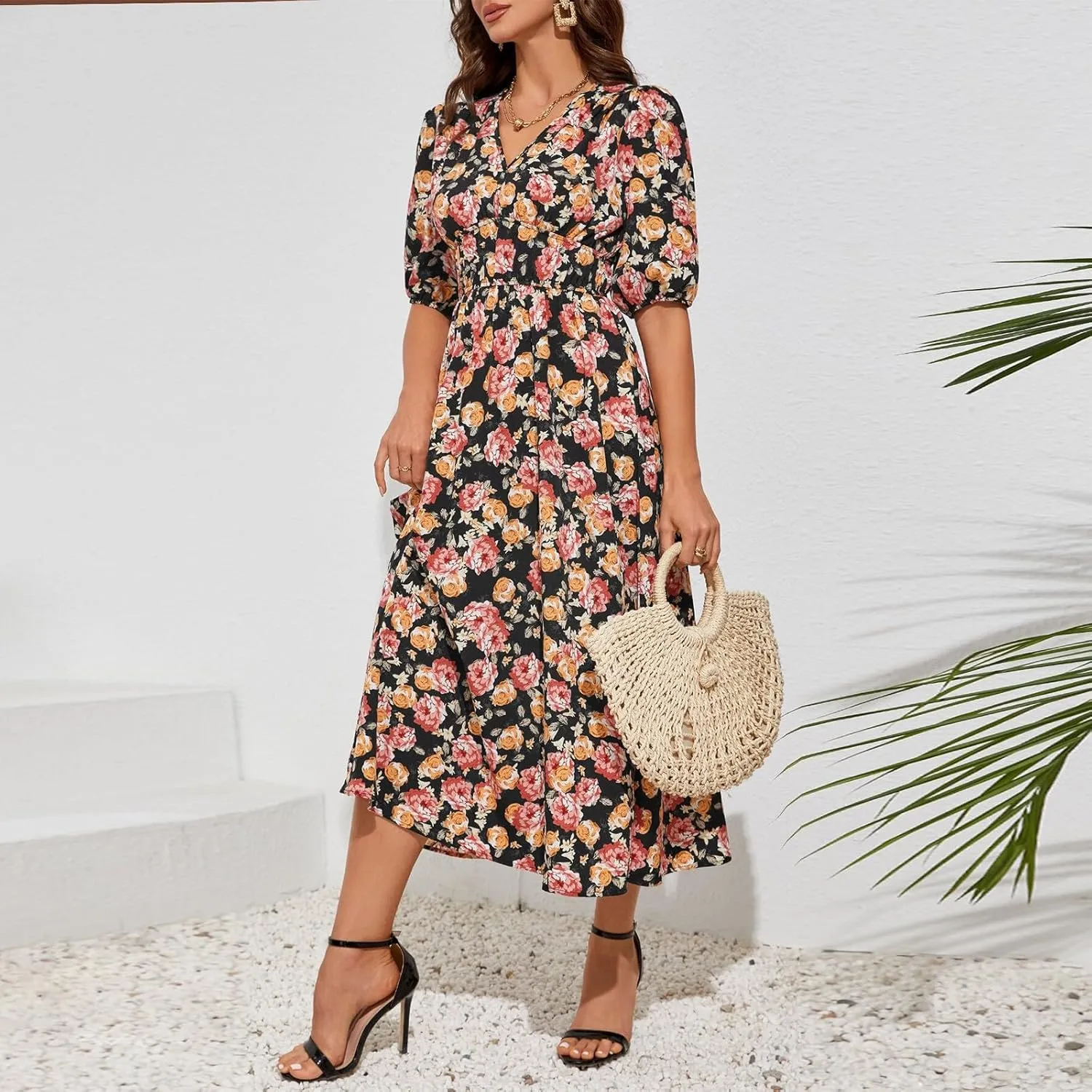 ZEFOTIM Long Dresses for Women 2025 Sexy Floral Dress Short Sleeve V Neck Dresses