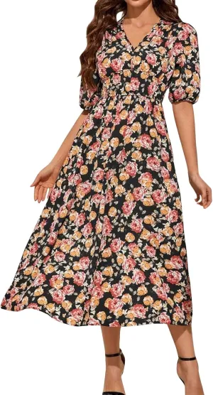 ZEFOTIM Long Dresses for Women 2025 Sexy Floral Dress Short Sleeve V Neck Dresses