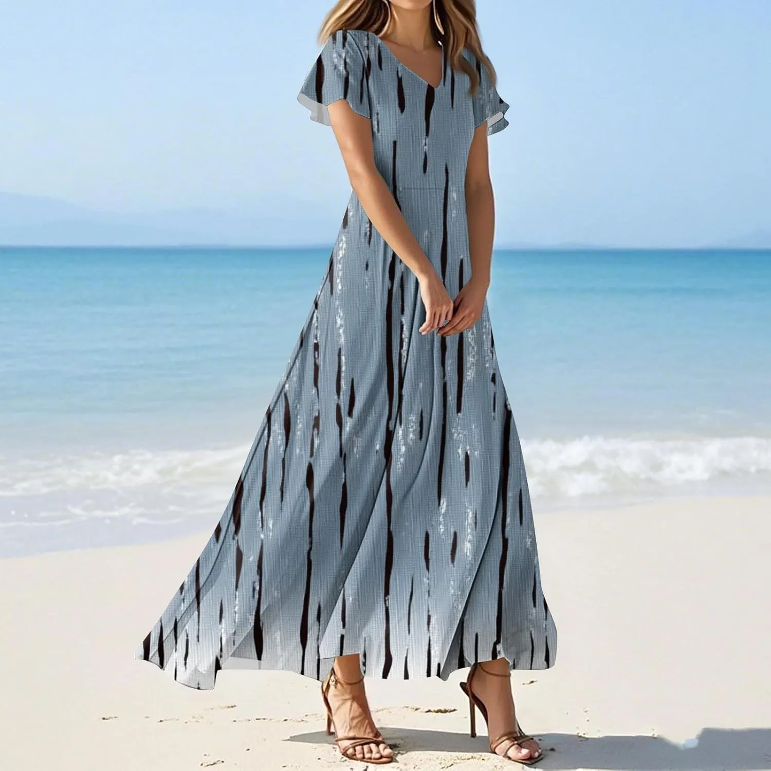 ZEFOTIM Long Dresses for Women 2025 Trendy Floral Dress Short Sleeve V Neck Dresses