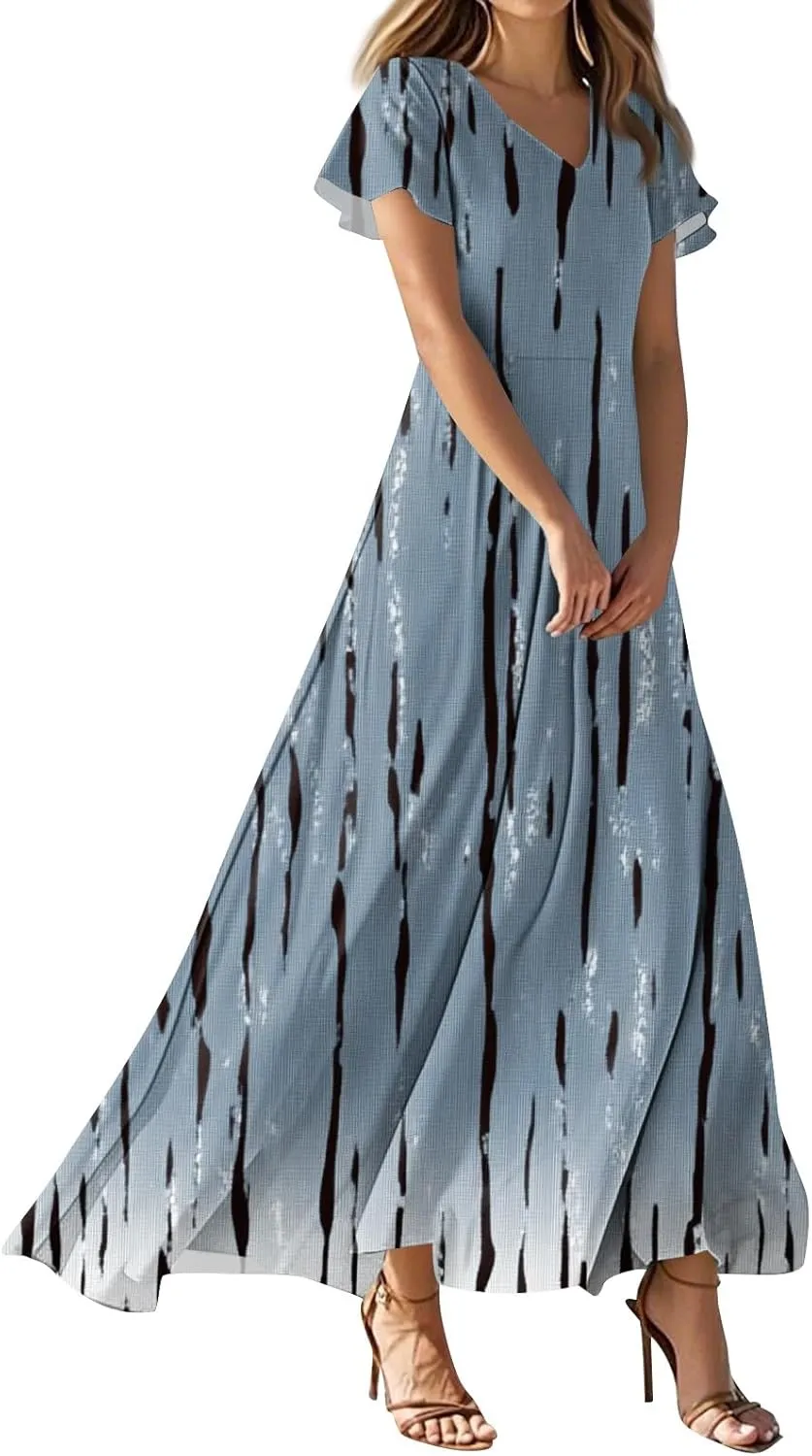ZEFOTIM Long Dresses for Women 2025 Trendy Floral Dress Short Sleeve V Neck Dresses