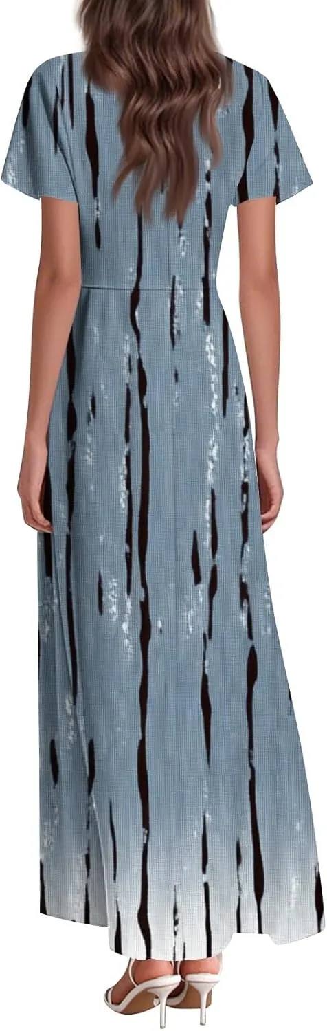 ZEFOTIM Long Dresses for Women 2025 Trendy Floral Dress Short Sleeve V Neck Dresses