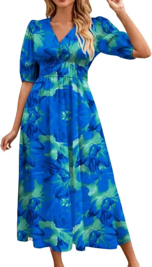 ZEFOTIM Long Dresses for Women 2025 Work Floral Dress Short Sleeve V Neck Dresses