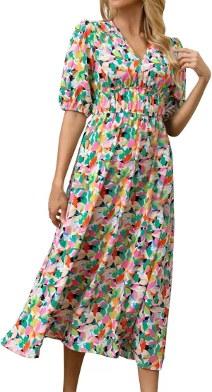 ZEFOTIM Long Dresses for Women 2025 Work Floral Dress Short Sleeve V Neck Dresses