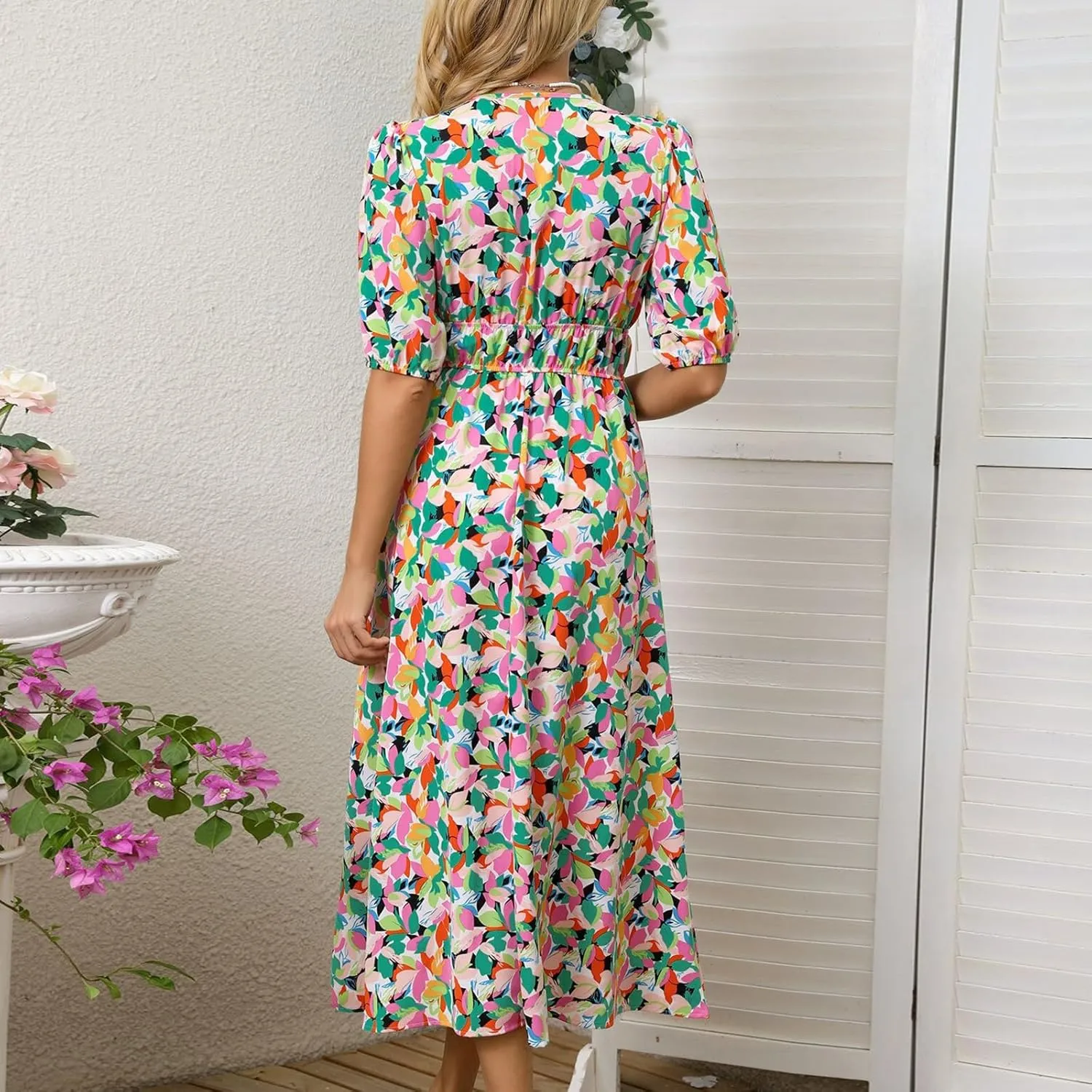 ZEFOTIM Long Dresses for Women 2025 Work Floral Dress Short Sleeve V Neck Dresses
