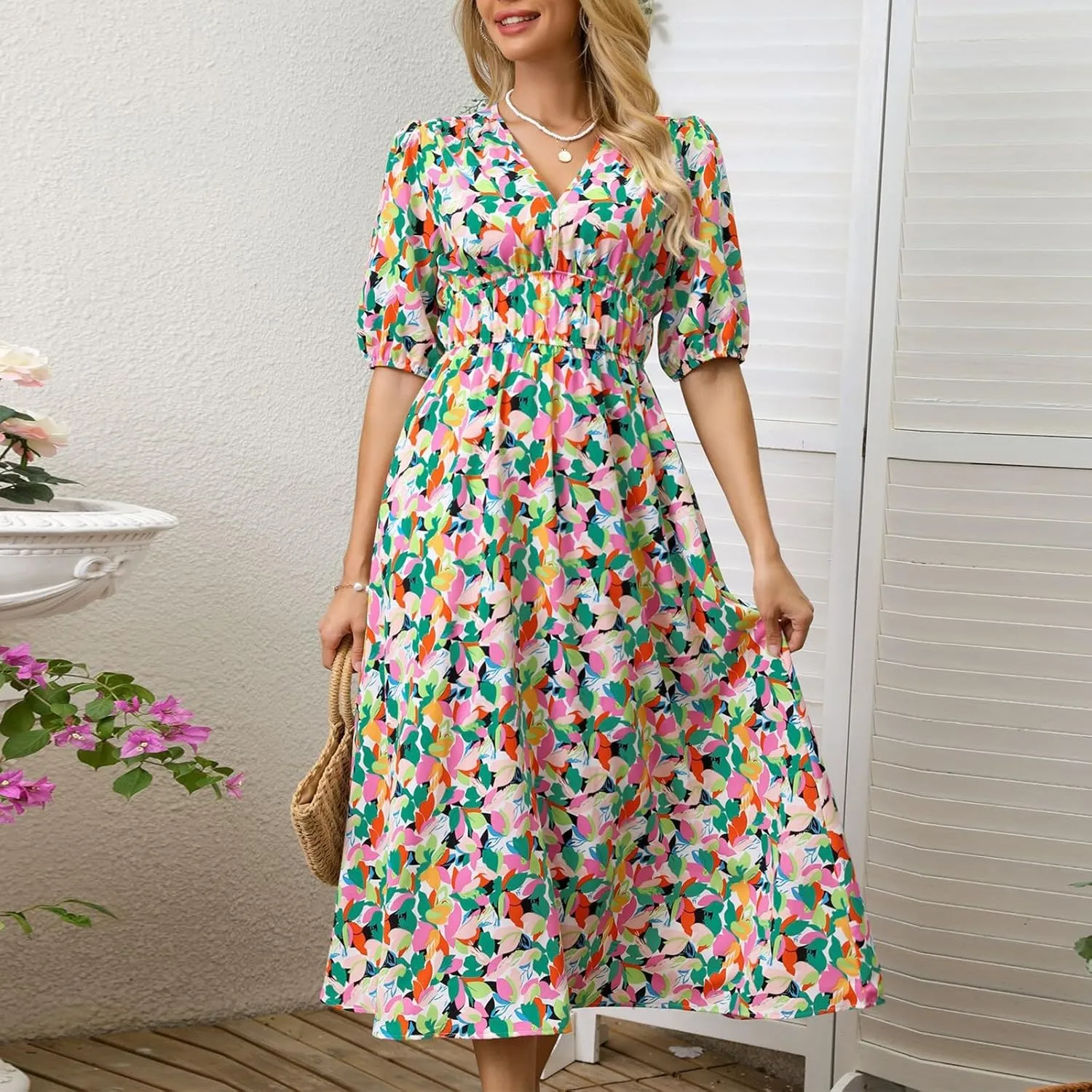 ZEFOTIM Long Dresses for Women 2025 Work Floral Dress Short Sleeve V Neck Dresses