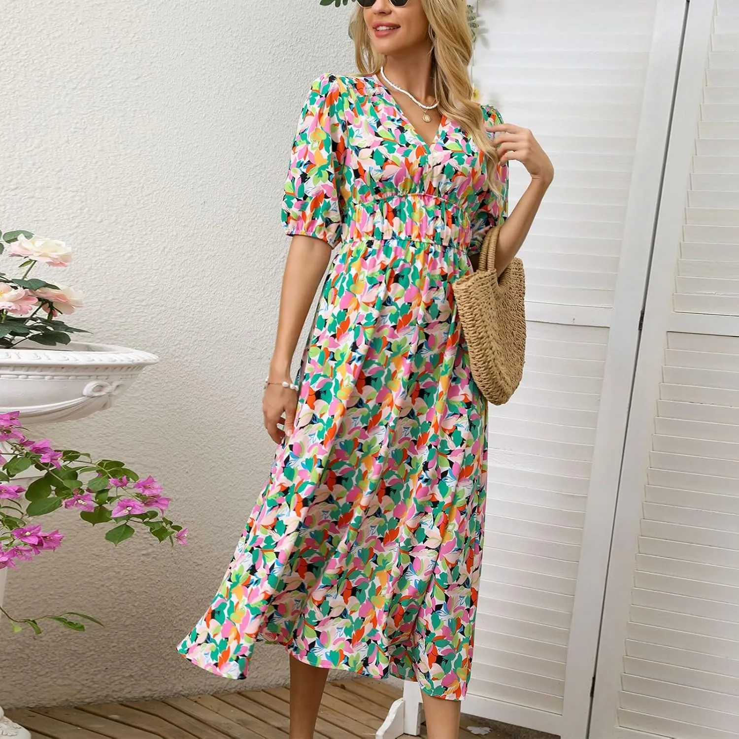 ZEFOTIM Long Dresses for Women 2025 Work Floral Dress Short Sleeve V Neck Dresses