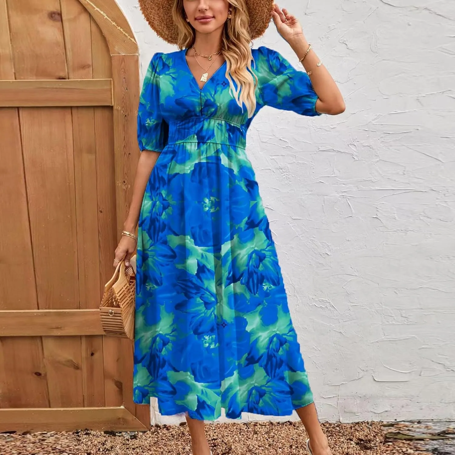 ZEFOTIM Long Dresses for Women 2025 Work Floral Dress Short Sleeve V Neck Dresses