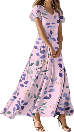 ZEFOTIM Long Dresses for Women Casual Boho Floral Dress Short Sleeve V Neck Dresses