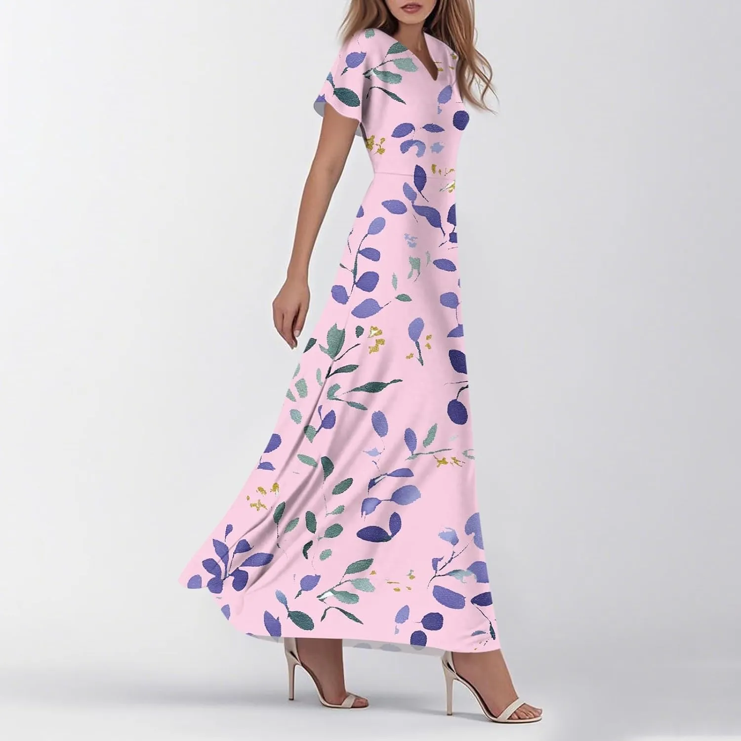 ZEFOTIM Long Dresses for Women Casual Boho Floral Dress Short Sleeve V Neck Dresses