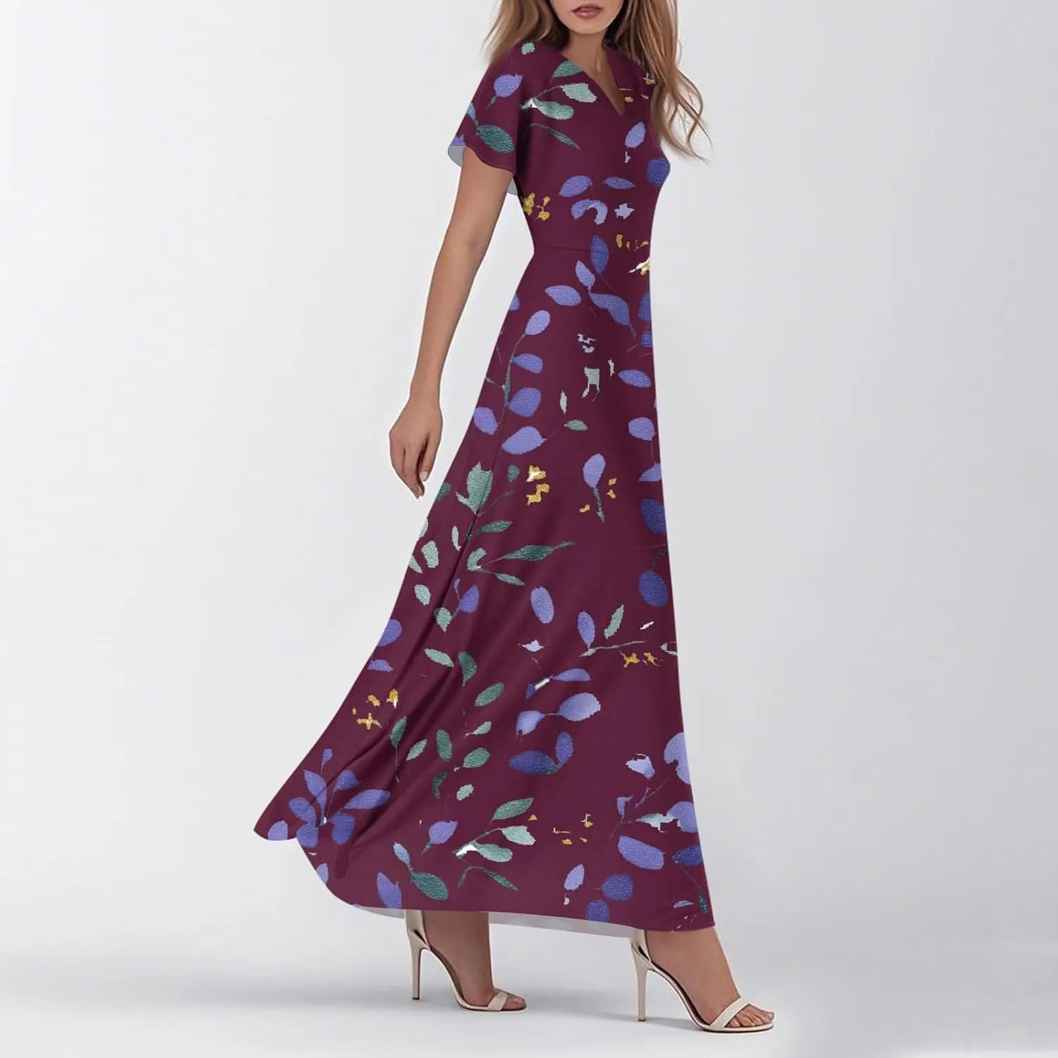 ZEFOTIM Long Dresses for Women Casual Boho Floral Dress Short Sleeve V Neck Dresses