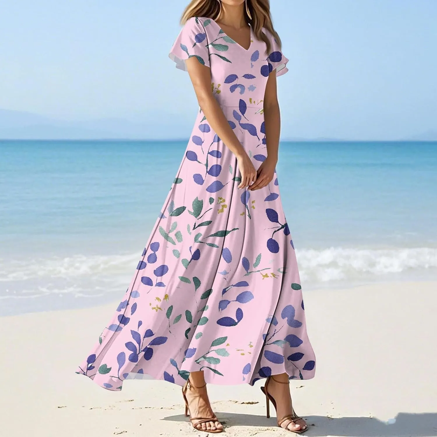 ZEFOTIM Long Dresses for Women Casual Boho Floral Dress Short Sleeve V Neck Dresses