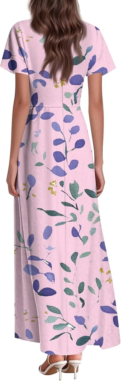 ZEFOTIM Long Dresses for Women Casual Boho Floral Dress Short Sleeve V Neck Dresses