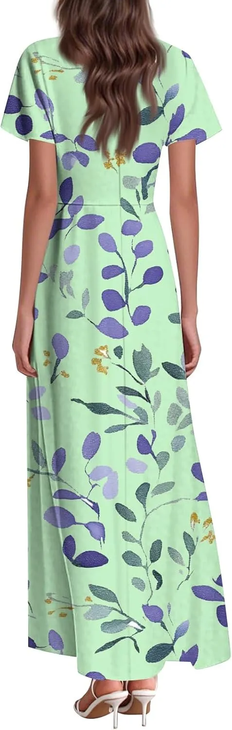 ZEFOTIM Long Dresses for Women Casual Boho Floral Dress Short Sleeve V Neck Dresses
