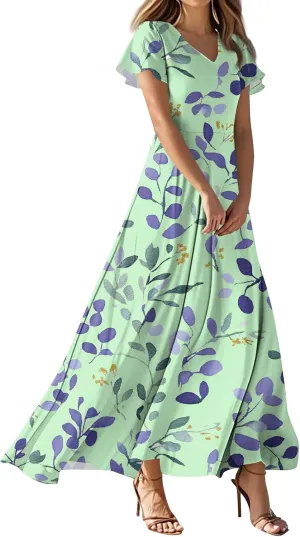 ZEFOTIM Long Dresses for Women Casual Boho Floral Dress Short Sleeve V Neck Dresses