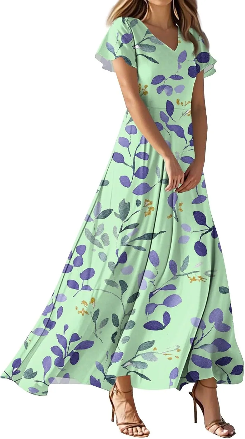 ZEFOTIM Long Dresses for Women Casual Boho Floral Dress Short Sleeve V Neck Dresses