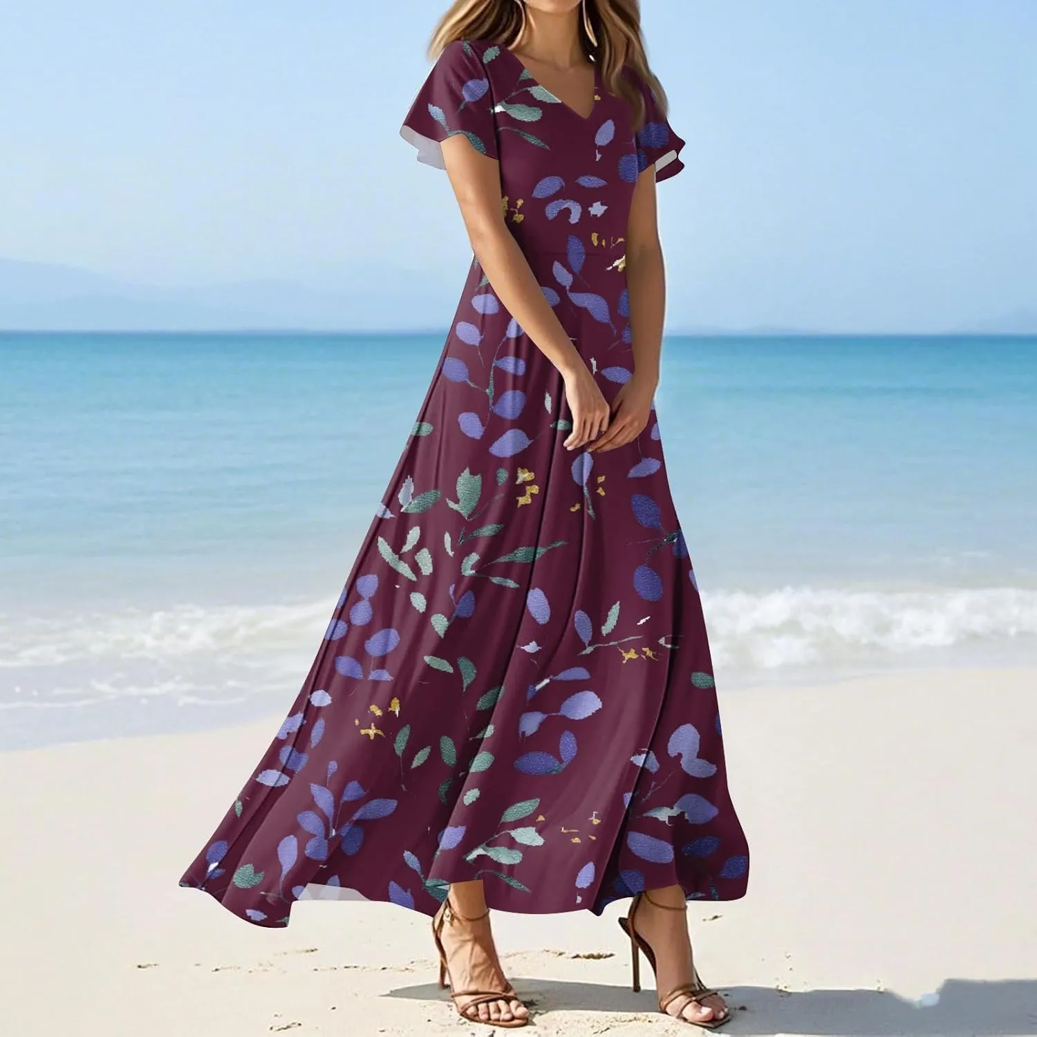 ZEFOTIM Long Dresses for Women Casual Boho Floral Dress Short Sleeve V Neck Dresses