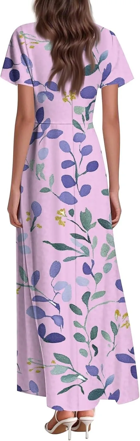 ZEFOTIM Long Dresses for Women Casual Boho Floral Dress Short Sleeve V Neck Dresses