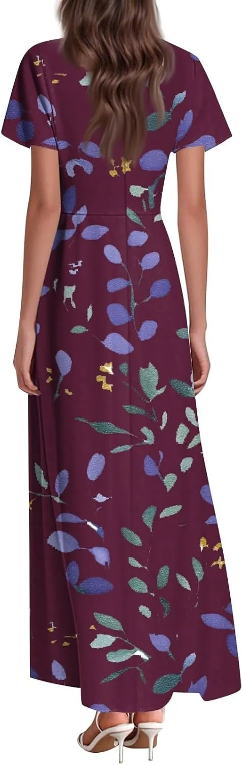ZEFOTIM Long Dresses for Women Casual Boho Floral Dress Short Sleeve V Neck Dresses