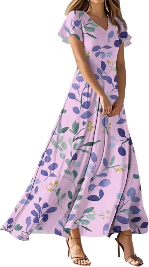 ZEFOTIM Long Dresses for Women Casual Boho Floral Dress Short Sleeve V Neck Dresses