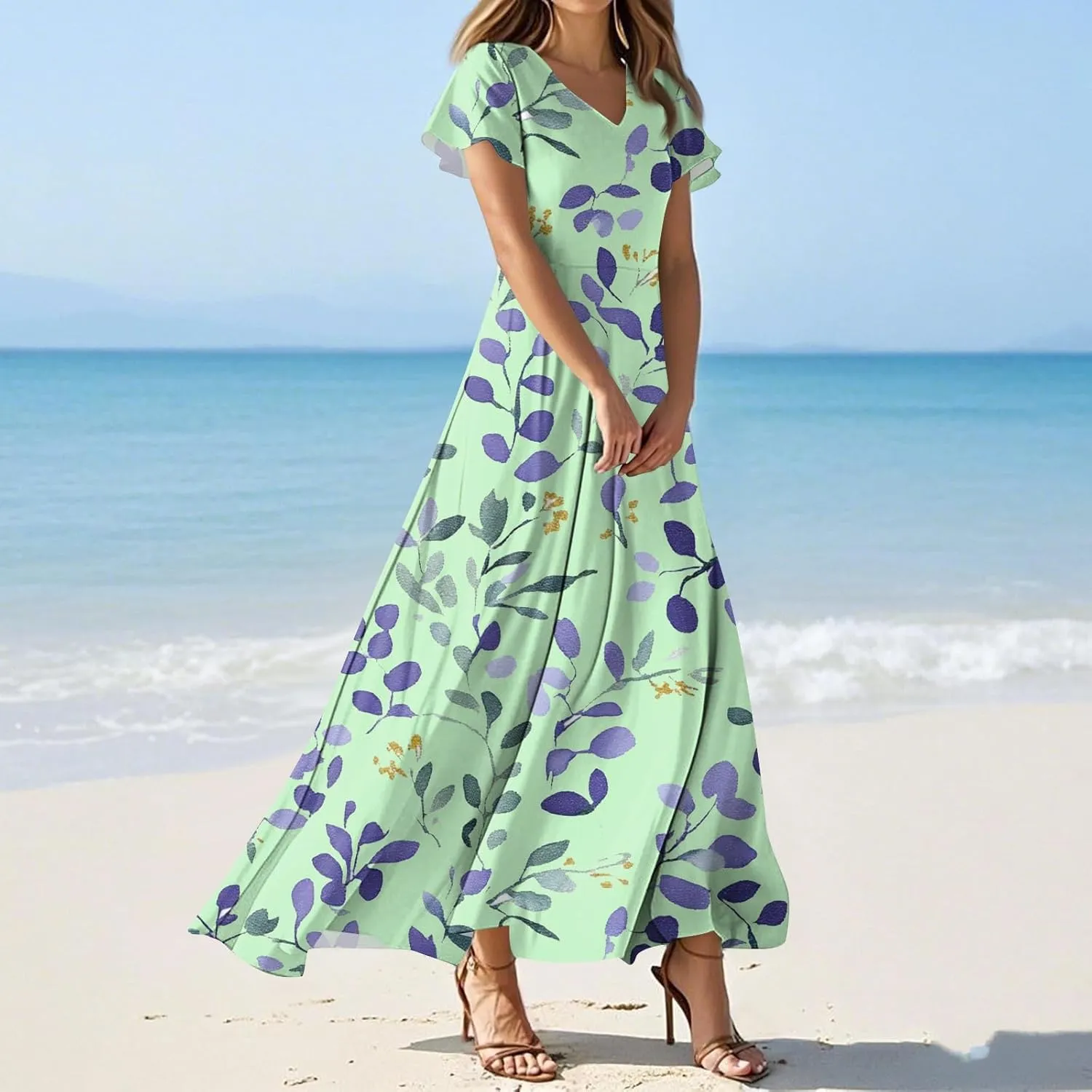 ZEFOTIM Long Dresses for Women Casual Boho Floral Dress Short Sleeve V Neck Dresses