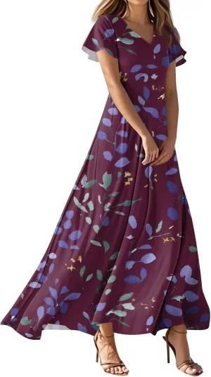 ZEFOTIM Long Dresses for Women Casual Boho Floral Dress Short Sleeve V Neck Dresses
