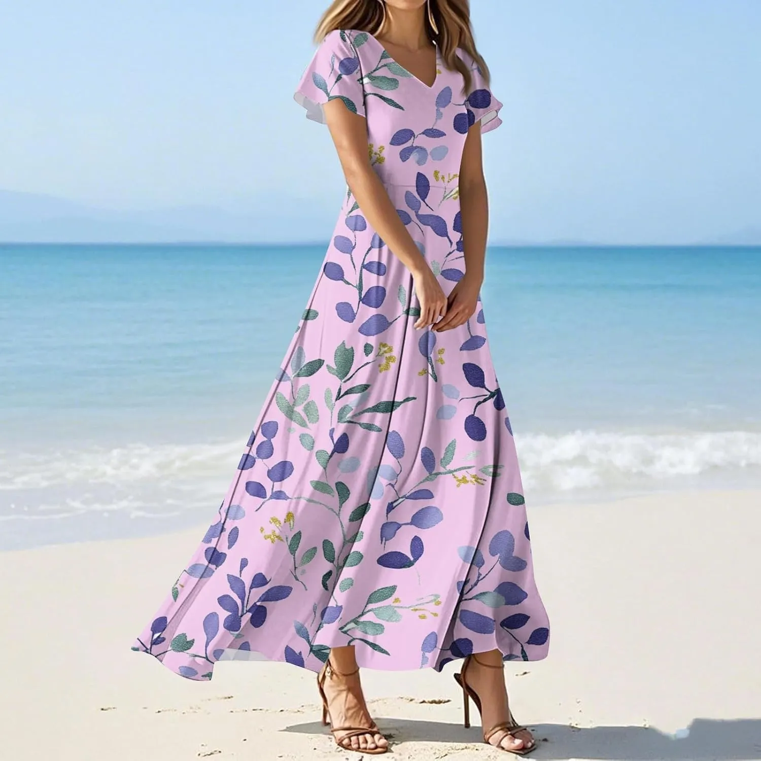 ZEFOTIM Long Dresses for Women Casual Boho Floral Dress Short Sleeve V Neck Dresses