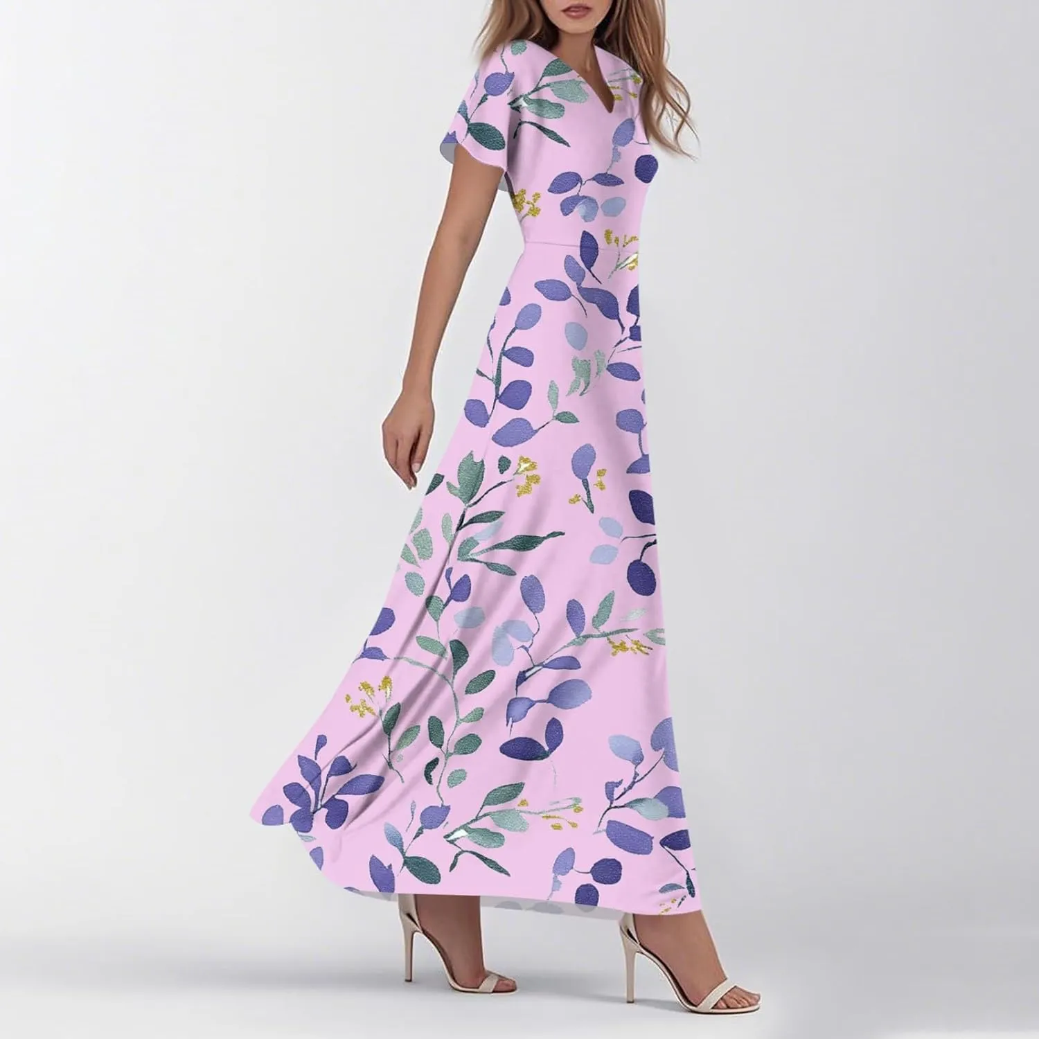 ZEFOTIM Long Dresses for Women Casual Boho Floral Dress Short Sleeve V Neck Dresses