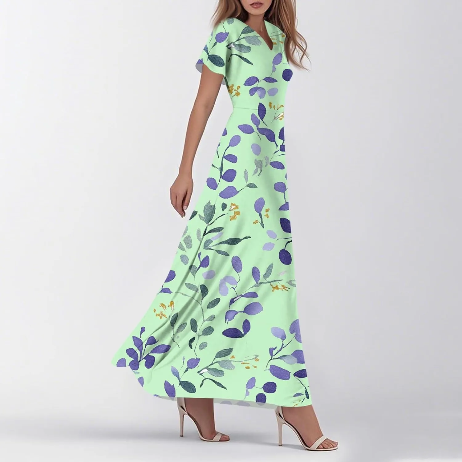 ZEFOTIM Long Dresses for Women Casual Boho Floral Dress Short Sleeve V Neck Dresses