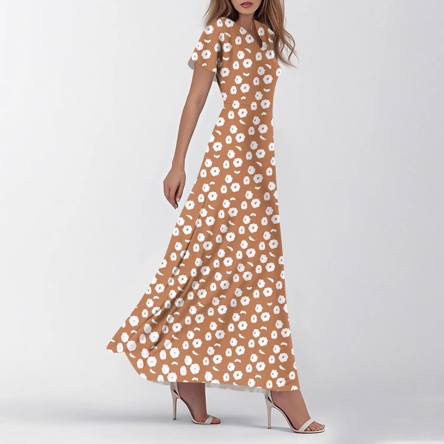 ZEFOTIM Long Dresses for Women Casual Flowy Floral Dress Short Sleeve V Neck Dresses