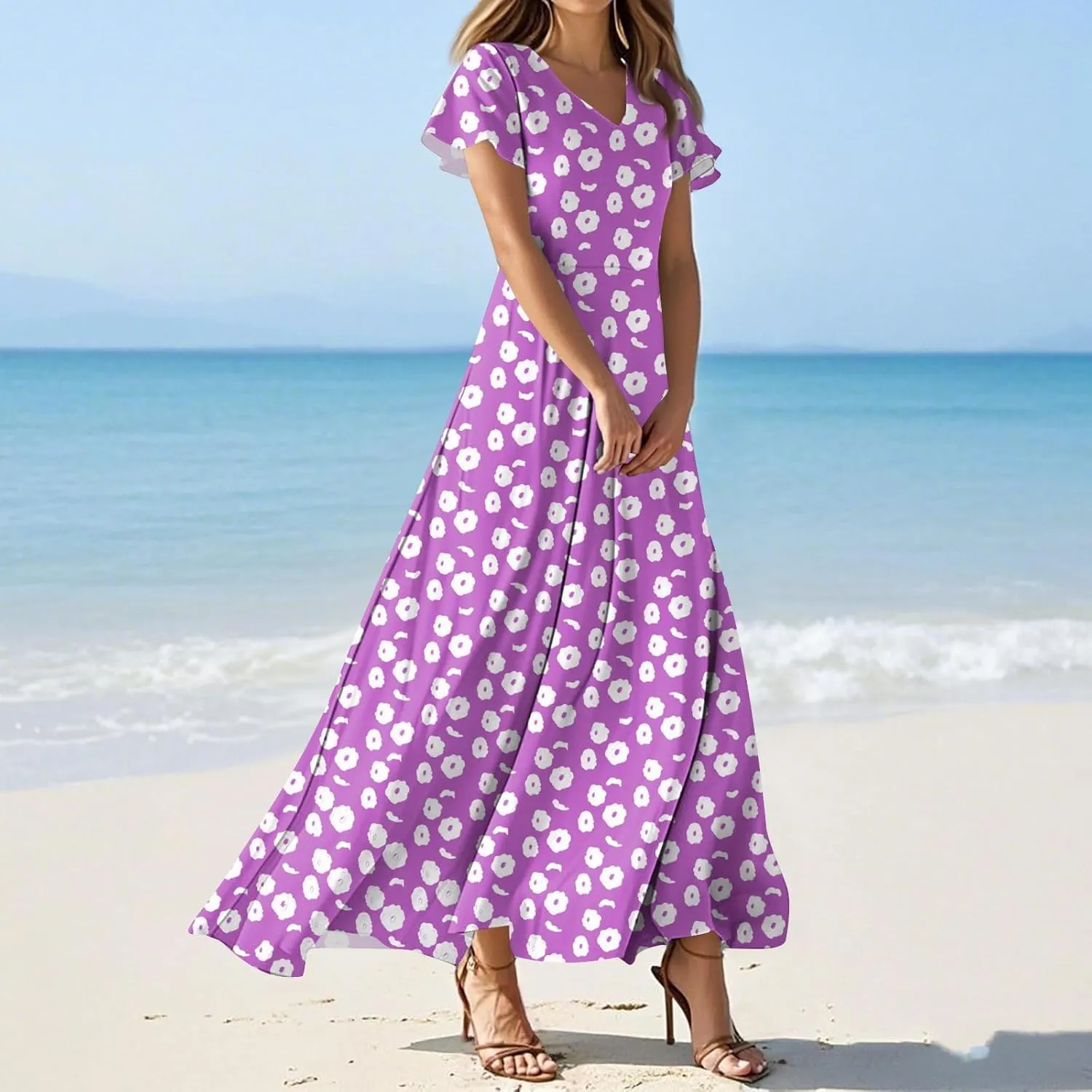 ZEFOTIM Long Dresses for Women Casual Flowy Floral Dress Short Sleeve V Neck Dresses