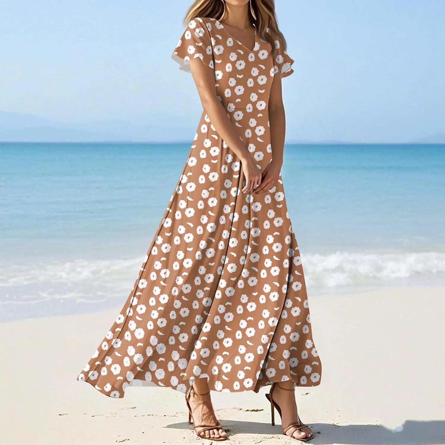 ZEFOTIM Long Dresses for Women Casual Flowy Floral Dress Short Sleeve V Neck Dresses