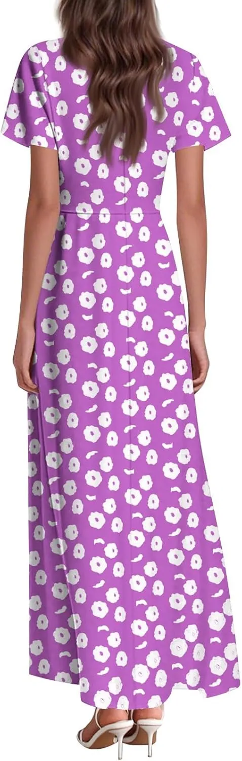 ZEFOTIM Long Dresses for Women Casual Flowy Floral Dress Short Sleeve V Neck Dresses