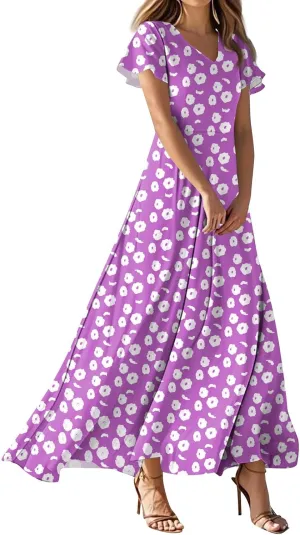 ZEFOTIM Long Dresses for Women Casual Flowy Floral Dress Short Sleeve V Neck Dresses