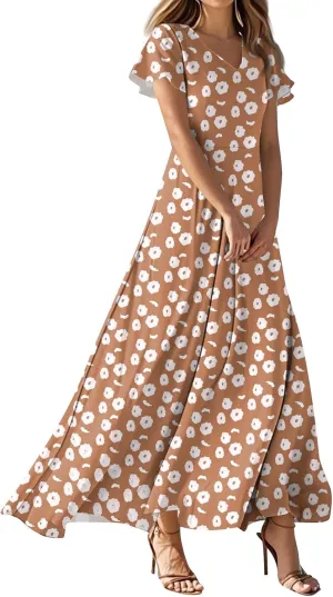 ZEFOTIM Long Dresses for Women Casual Flowy Floral Dress Short Sleeve V Neck Dresses
