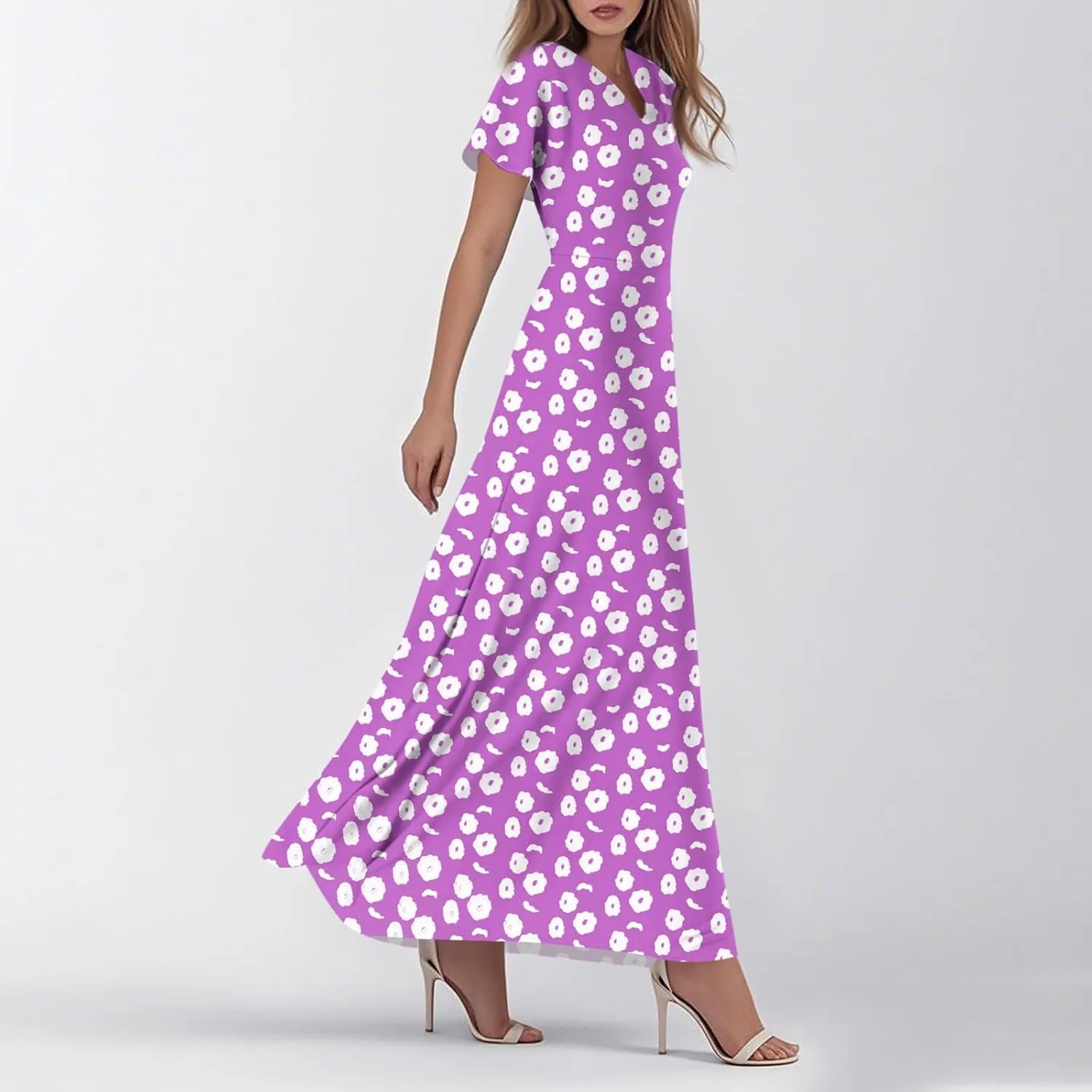 ZEFOTIM Long Dresses for Women Casual Flowy Floral Dress Short Sleeve V Neck Dresses