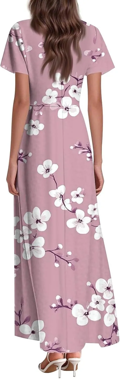 ZEFOTIM Long Dresses for Women Curvy Floral Dress Short Sleeve V Neck Dresses