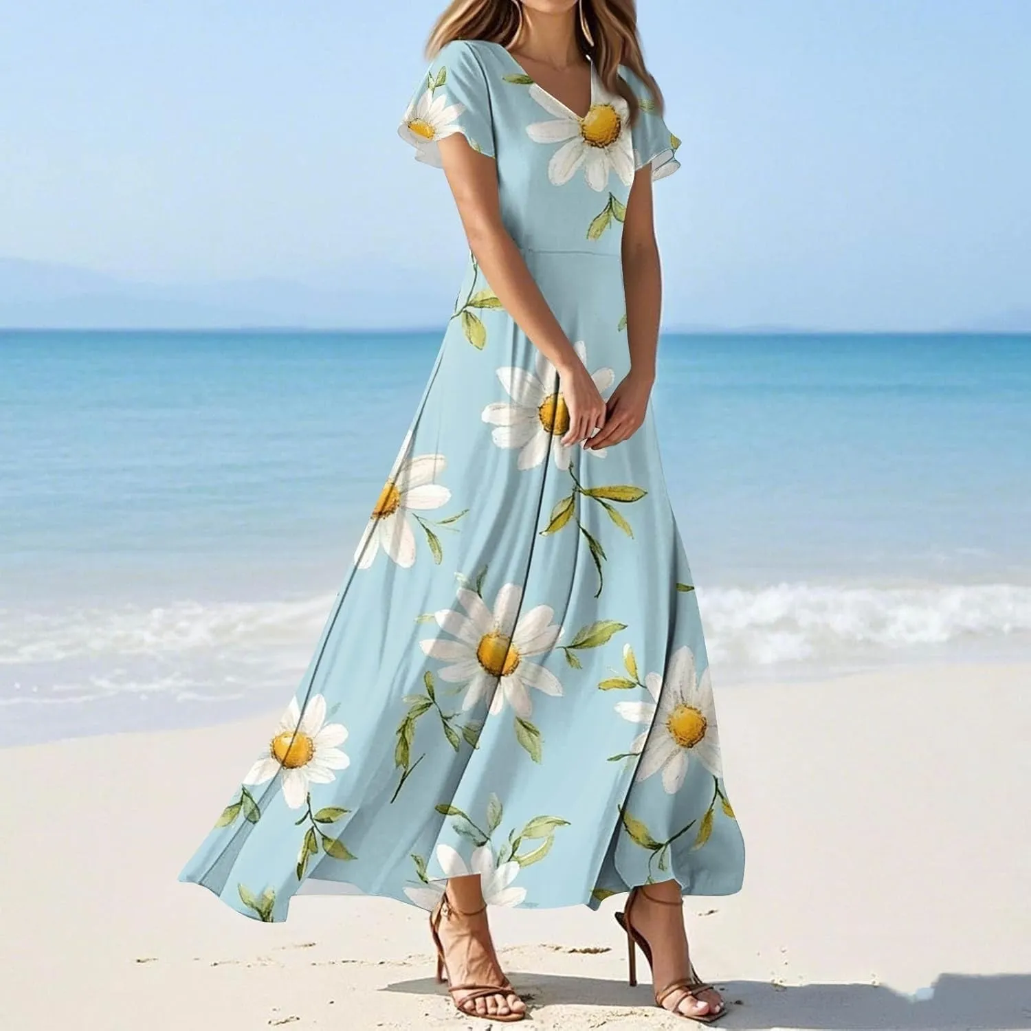 ZEFOTIM Long Dresses for Women Curvy Floral Dress Short Sleeve V Neck Dresses
