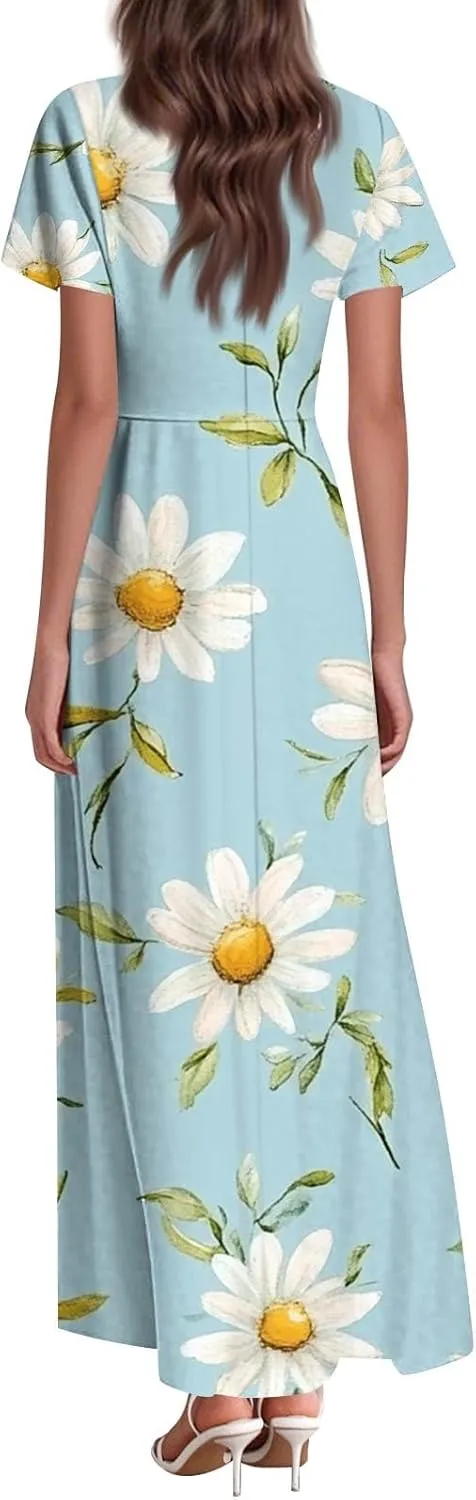 ZEFOTIM Long Dresses for Women Curvy Floral Dress Short Sleeve V Neck Dresses