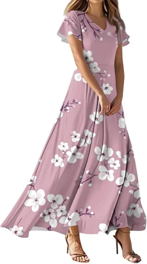ZEFOTIM Long Dresses for Women Curvy Floral Dress Short Sleeve V Neck Dresses