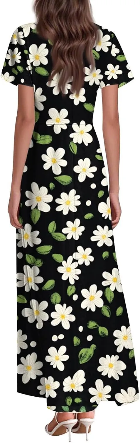 ZEFOTIM Long Dresses for Women Curvy Floral Dress Short Sleeve V Neck Dresses