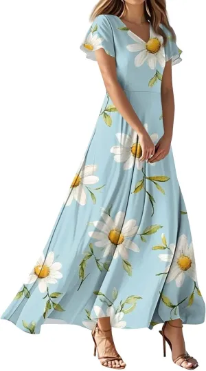 ZEFOTIM Long Dresses for Women Curvy Floral Dress Short Sleeve V Neck Dresses