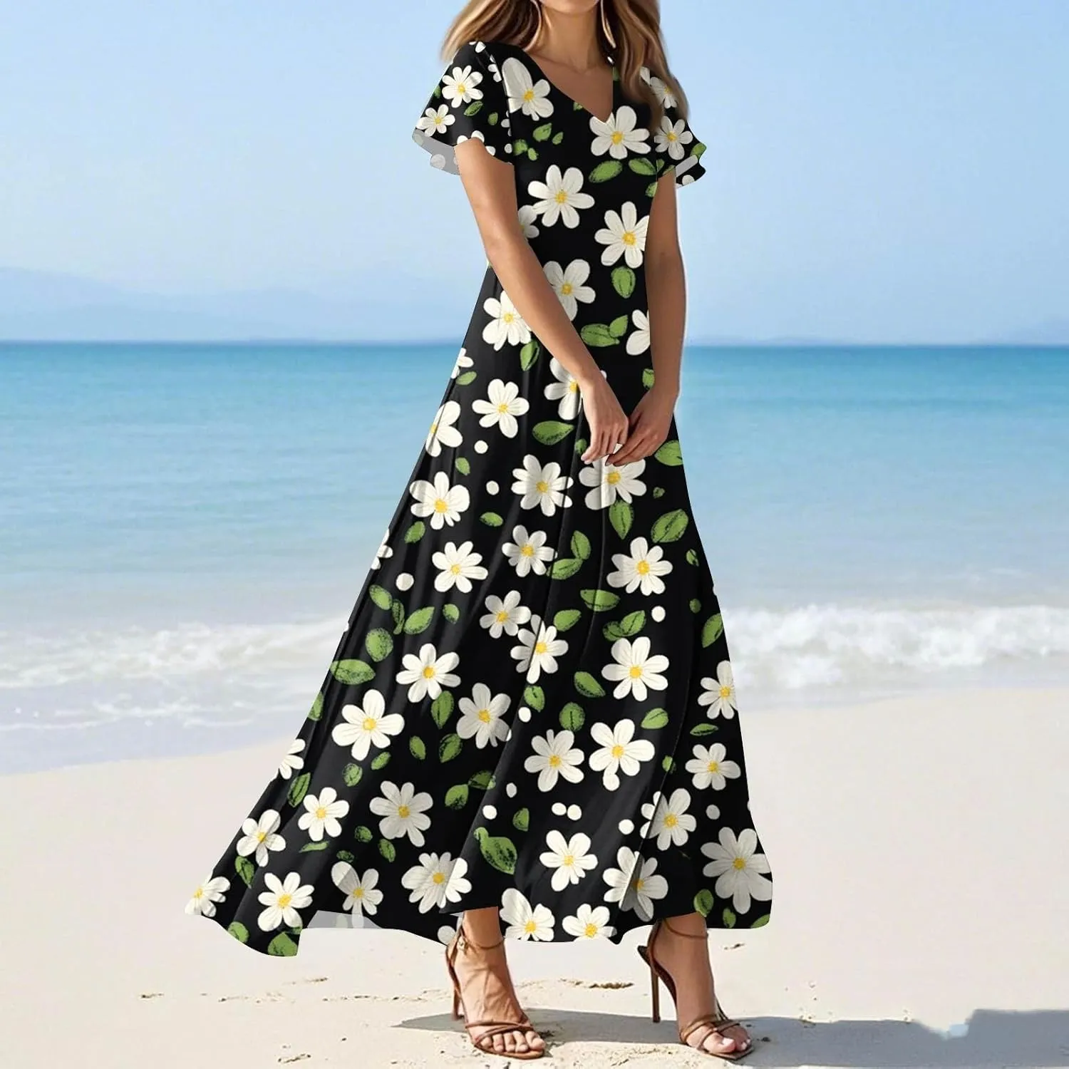 ZEFOTIM Long Dresses for Women Curvy Floral Dress Short Sleeve V Neck Dresses