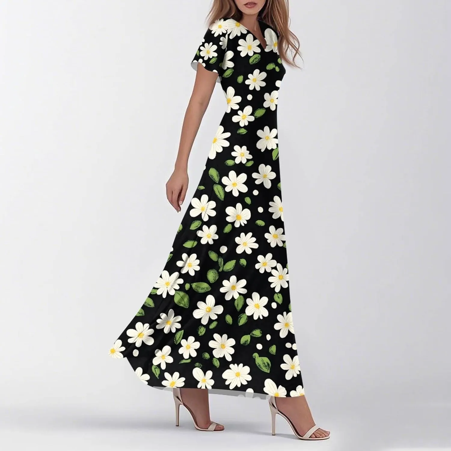 ZEFOTIM Long Dresses for Women Curvy Floral Dress Short Sleeve V Neck Dresses